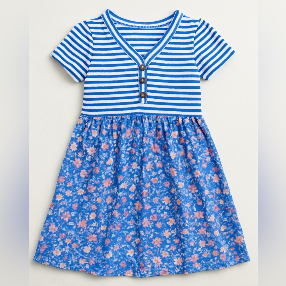 Girls 2T Blue Striped and Floral Dress